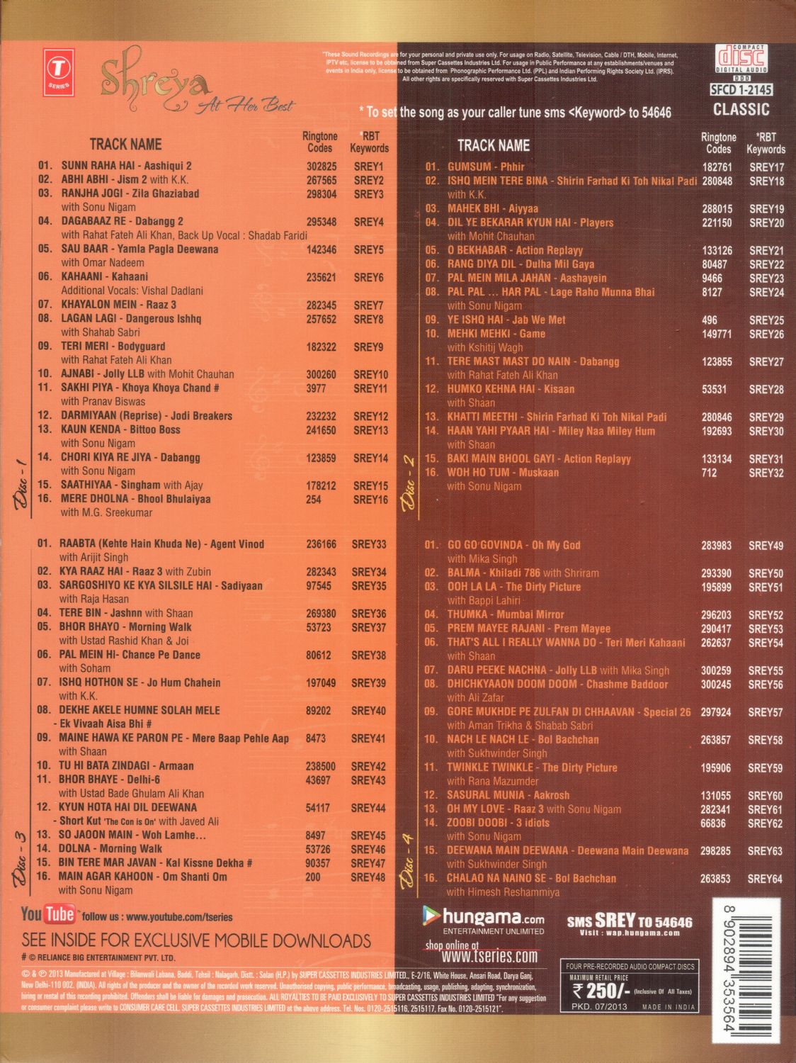 印度歌后Shreya Ghoshal莎瑞雅·高沙尔 宝莱坞歌曲集 4CD